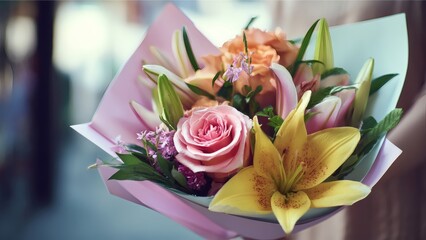 Fresh flower bouquet with roses and lilies wrapped in pink paper