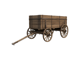 Old wooden wagon with large wheels isolated on transparent background