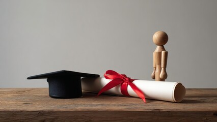 Wooden figure with graduation cap and diploma on rustic table