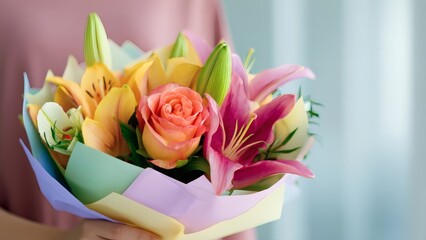Colorful bouquet with roses and lilies in soft natural light