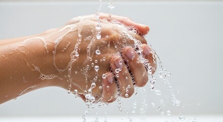 Fototapeta premium Close-up of hands being washed under running water, emphasizing hygiene, cleanliness, and freshness for a healthy lifestyle