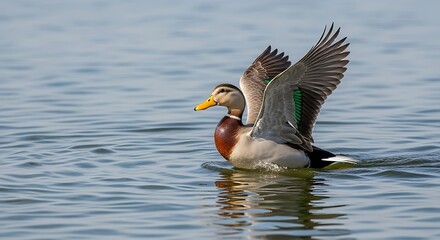 Obraz premium Mallard Duck Spreading Wings on Water Surface in Natural Habitat.