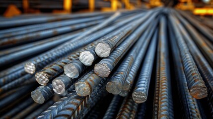 Stacked  construction steel bars in industrial setting,bulk commodity,market trend,copy space