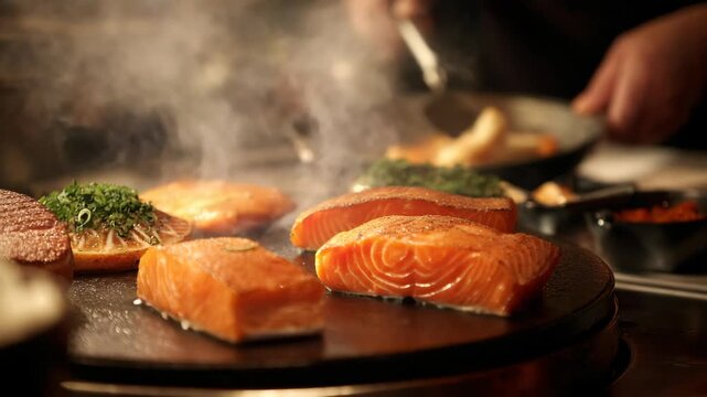 Delicious grilled salmon fillets cooking on a hot griddle