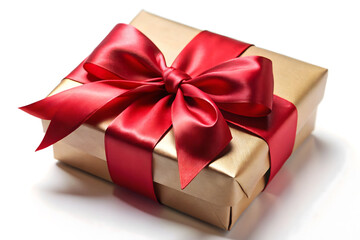 Obraz premium A golden gift box with a red ribbon and bow, isolated on white background