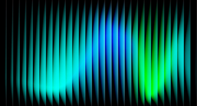 Abstract blue and green gradient wave lines with glowing vertical stripes on black background. Futuristic digital art pattern with neon light effect for modern design or wallpaper.