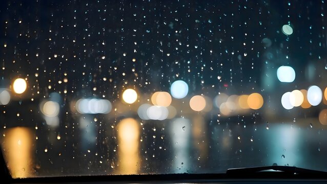 Nighttime city view seen through a car window with reflections of streetlights and moving traffic lights, creating an atmospheric urban scene full of depth and mood