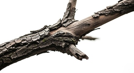 Detailed Close-up of Weathered Tree Branch with Rough, Peeling Bark Against a Clean White Background, Highlighting Natural Texture