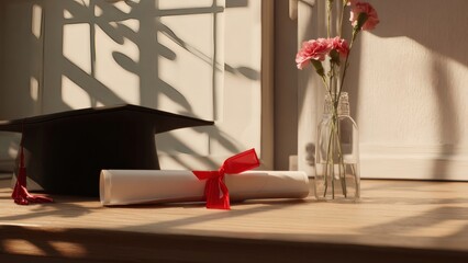Graduation diploma with red ribbon in sunlit room with flowers