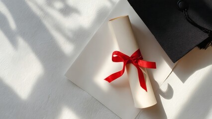 Graduation cap and rolled diploma with ribbon on white surface