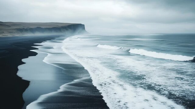 Drone view of the Scandinavian coastline with dramatic black sand beach, waves crashing against the shore under an overcast sky.