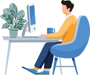 Fototapeta premium Vector art of man working on computer at desk