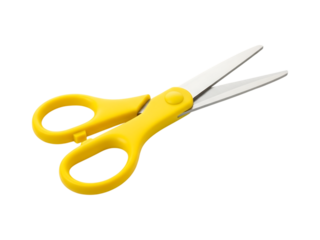 Bright yellow scissors isolated on transparent background
