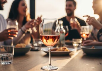Rosé wine glass on table, friends dining outdoors at sunset, capturing joyful social moments and relaxed al fresco experience during golden hour