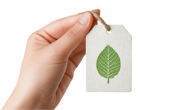 Hand Holding Eco-Friendly Paper Tag with Green Leaf Illustration