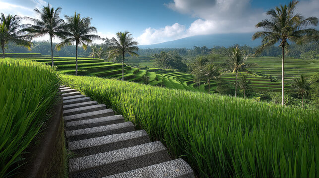 Terraced rice field green landscape palm tree mountain tropical agriculture rural pathway scenic morning - Powered by Adobe