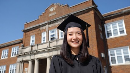 Smiling graduate in cap and gown standing outside brick building