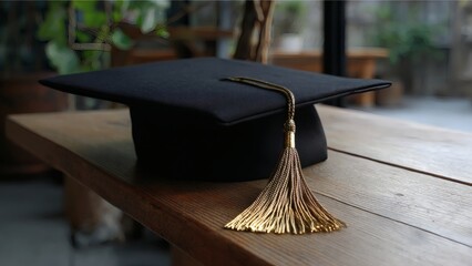 Graduation cap with golden tassel resting on wooden desk