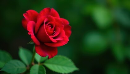 Single deep crimson rose, vibrant green leaves, close-up, flower, blossom, flowers
