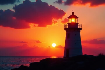 Silhouette of lighthouse against vibrant sunset sky, twilight, peaceful, hope