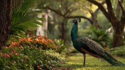 A peacock stands in a lush, green garden with flowers and a big tree. Use it for projects needing nature, wildlife, or exotic imagery.