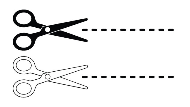 A simple black and white illustration showing two pairs of scissors with dotted lines indicating cutting paths. 