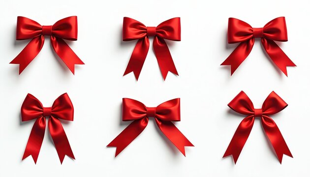 Red silk bows set against white backdrop. Six vibrant bows with flowing ribbons present festive decorations. Gift concept illustration for sales promotion or holiday season.