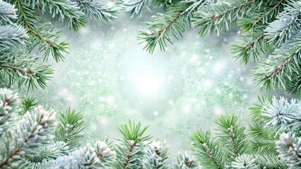 Obraz premium Snowy pine branches with sparkling lights and bokeh effect for winter background