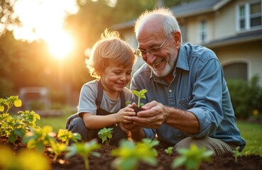 Grandfather with grandson gardening. Senior man teach boy plant. Family is planting sprouts in garden at backyard. Child with grandfather have fun with gardening in sunny day. They look happy.