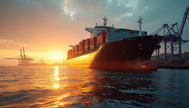 Cargo ship sails into seaport at sunset. Commercial vessel loaded with containers approaches dock for unloading. Maritime transport logistics, global trade import export business by waterway.