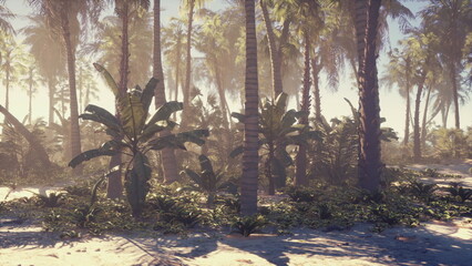 Bright sunlight spills between tall palm trees in a serene tropical landscape. Soft sand and greenery create a peaceful and inviting atmosphere, perfect for relaxation and exploration.