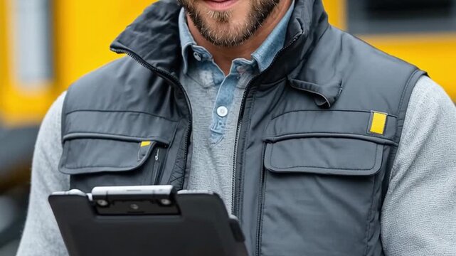 Smiling man quilted work vest and knit sweater checks tablet outdoor construction site with yellow equipment while man gray work vest holds tablet and clipboard uniform conveying focused confident