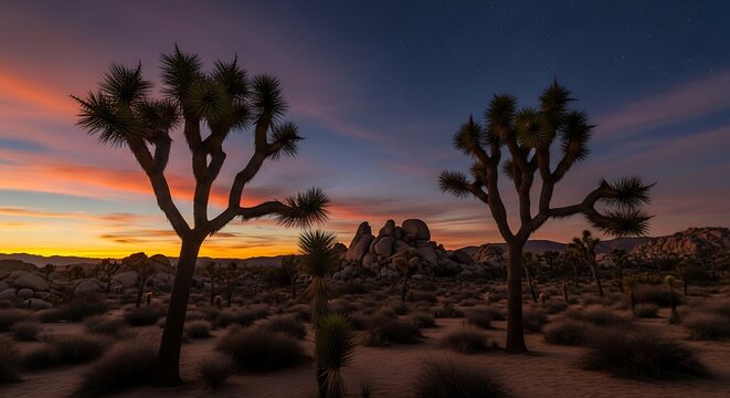 Joshua Trees at Sunset - A Desert Landscape in Silhouette.