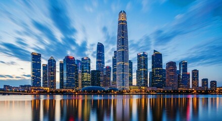 Obraz premium A vibrant night-time cityscape featuring a central towering skyscraper and long-exposure reflections across the river