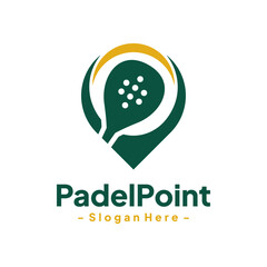 Racket with pin mark logo design template. Padel sport event location pointer. Isolated vector icon on white background.