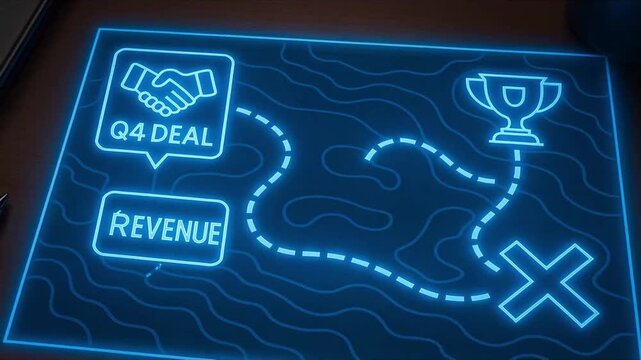 Neon blueprint map on desk showing dotted path from handshake labeled Q4 deal and revenue to trophy and target glowing blue strategy plan with pen and cup nearby conveying futuristic business roadmap