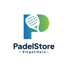 Letter P for Padel sport logo design template. Concept of Padel tennis court, sport training, tournament, etc. Creative vector symbol Padel racquet.