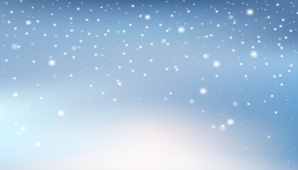 Winter blue sky with falling fluffy snowflakes and glowing light effects. Christmas holiday vector background for greeting cards, festive posters, seasonal banners and snowy wallpaper design
