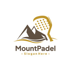 Padel sport logo design template with mountain view. Concept of extreme play padel in the top. Isolated vector icon on white background.
