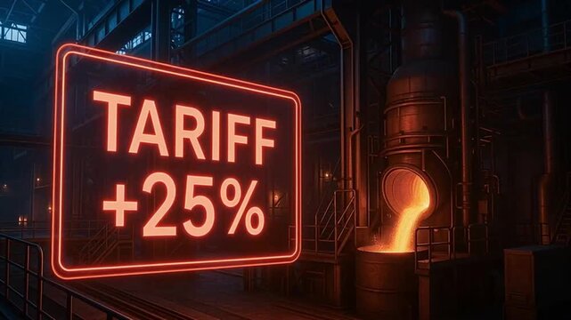 Molten metal pouring from furnace industrial foundry with neon sign reading TARIFF +25% highlighting steel production cost pressure and manufacturing impact tariff increase sign glowing over