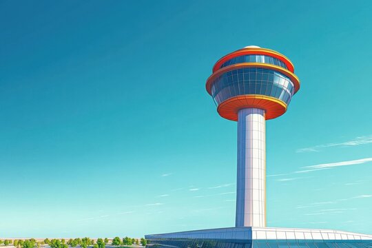 From a high-angle view on a sunny summer day- flat design airport tower stands tall and sleek against clear blue sky- with its modern lines and vibrant colors creating a striking contrast against lus