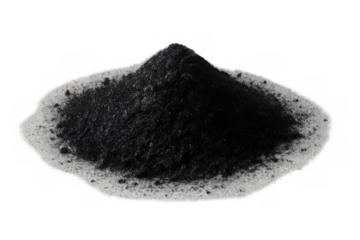 Black carbon powder heap isolated on transparent background, activated charcoal ingredient for cosmetic and industrial use