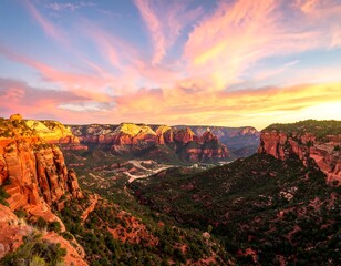 Breathtaking view of a canyon at sunset. The sky is ablaze with pink and orange clouds. Red rock cliffs frame a green valley below