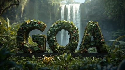 Lush Green GOA Letters in a Tropical Jungle with Waterfall