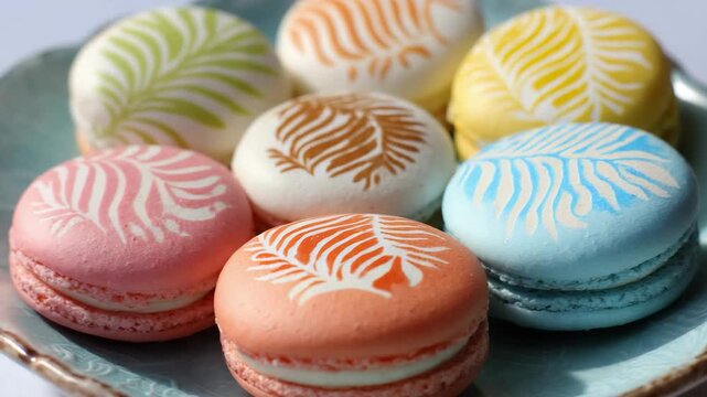 Colorful macarons with leaf design on a decorative plate, close-up shot
