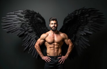 Muscular man with large black wings poses shirtless in studio. Strong handsome male model with beard shows athletic body. Dark fallen angel demon character in fantasy costume. Godlike guy with