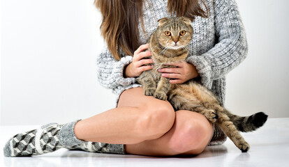 Obraz premium Beautiful young woman with a cat. Young woman holding cute cat. Adorable domestic pet concept.