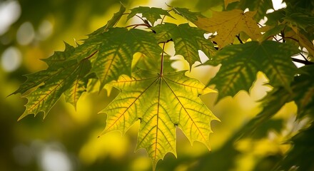 Close up of vibrant green and yellow maple leaves illuminated by sunlight.