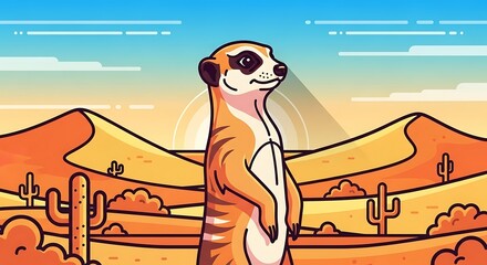 Alert Meerkat Standing Tall in a Vibrant Desert Landscape with Cacti and Dunes.
