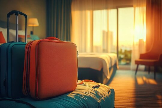 In warm glow of a sunny summer morning- a wide-angle view of a hotel room reveals a vibrant scene of neatly packed luggage- ready to embark on a new adventure- with promise of exciting experiences an